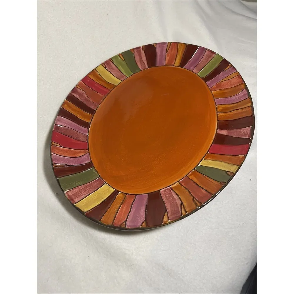 Pier 1 Wavy Multi Color Hand Painted Stoneware Oval Serving Platter 16